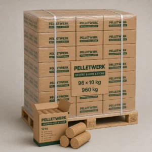 Bricchetti Nestro faggio-quercia · pallet completo 960 kg (96 × 10 kg)