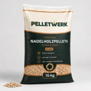 Pellet premium di conifera 6 mm · pallet completo 990 kg (66 × 15 kg)