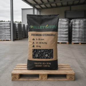 Carbone fossile premium calibrato 5–25 mm, 27–29 MJ/kg · pallet completo 1.000 kg (50 × 20 kg)