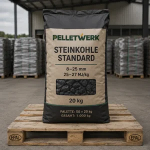 Carbone fossile standard calibrato 8–25 mm, 25–27 MJ/kg · pallet completo 1.000 kg (50 × 20 kg)